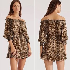 Veronica Beard Arcos Animal Print Off Shoulder Silk Cotton Mini Dress XL NEW